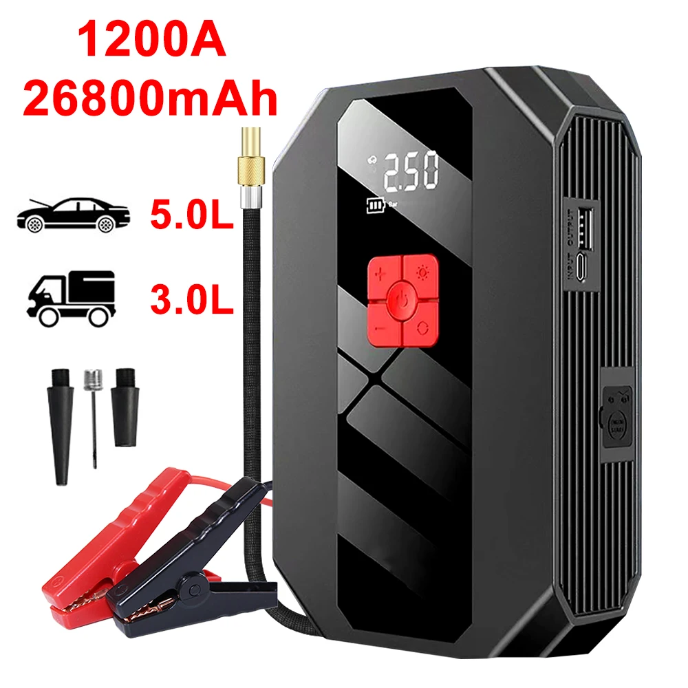 4 In 1 Car Jump Starter Power Bank Air Compressor Inflator Pump 1200A Portable Power Station Car Battery Charger Booster