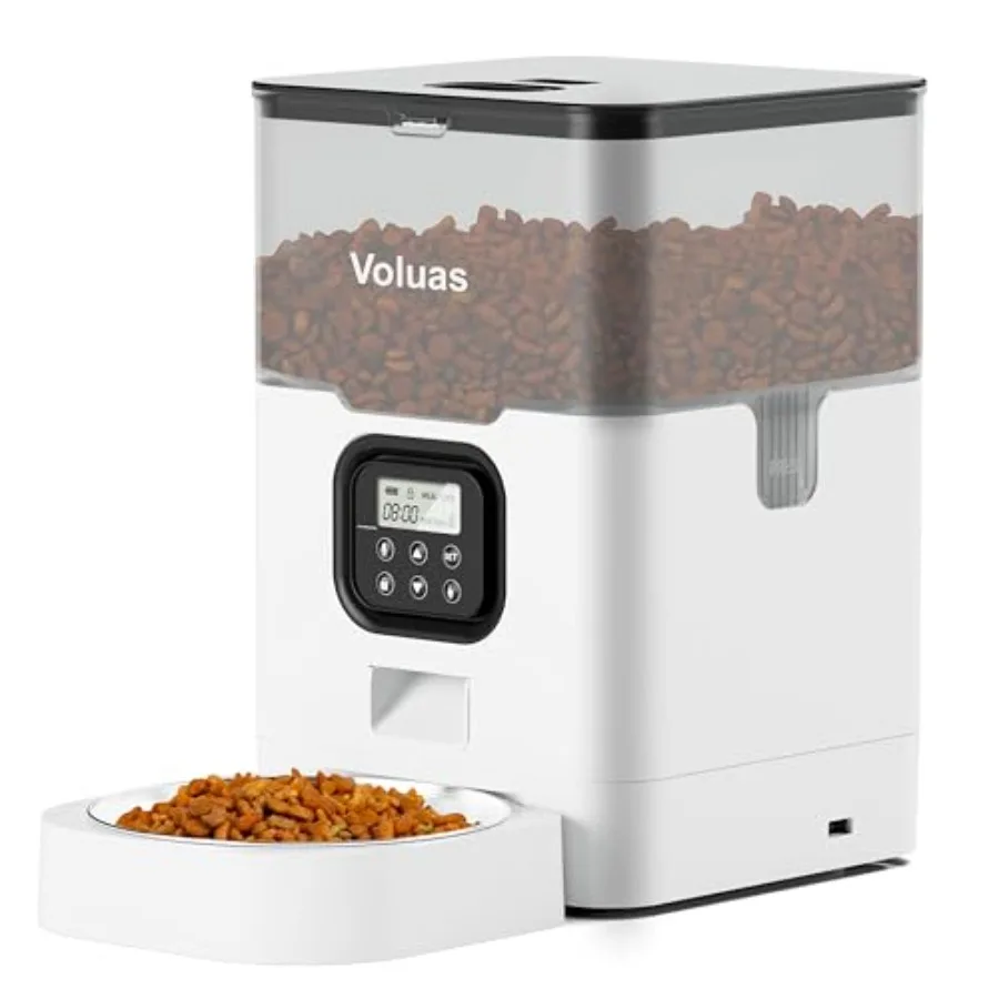 Automatic Cat Feeders - Dry Food Dispenser with Timer, Desiccant Bag, Programmabe Portion Size Contro Meas Per Day, 10s Voice R