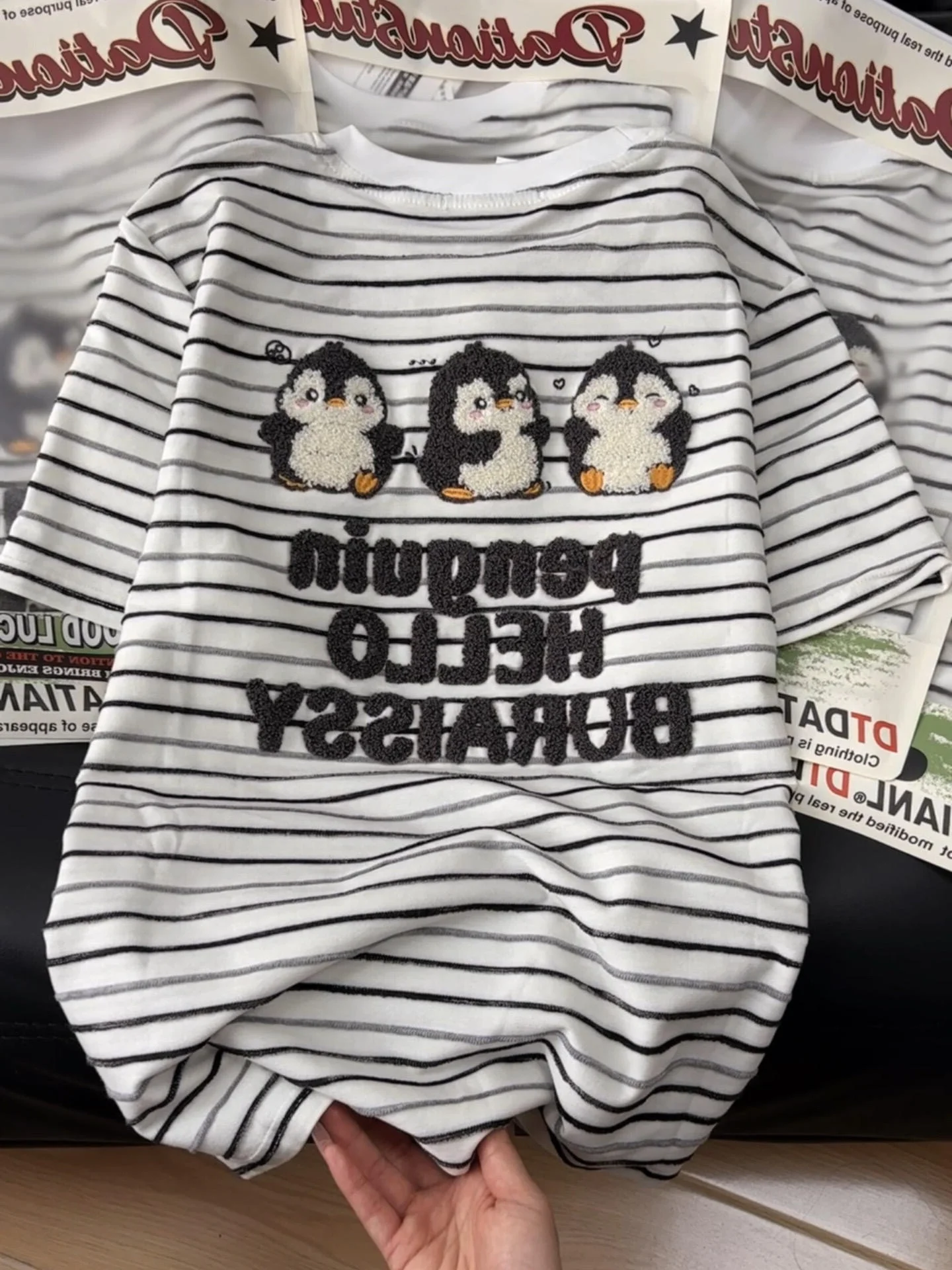 

Cartoon Penguin Towel Embroidery Short Sleeve Loose Fit Pure Cotton Women's T-shirt Casual Style Striped Top Summer Wear