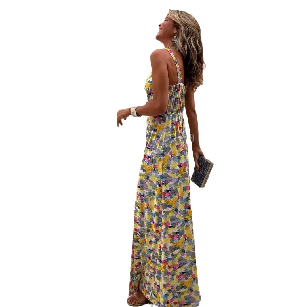 Printed Suspender Long Women\'s Dress 2025 Summer V-neck Slim Party Bodycon Dresses Fashionable Pleated Bohemian Beach Sundress