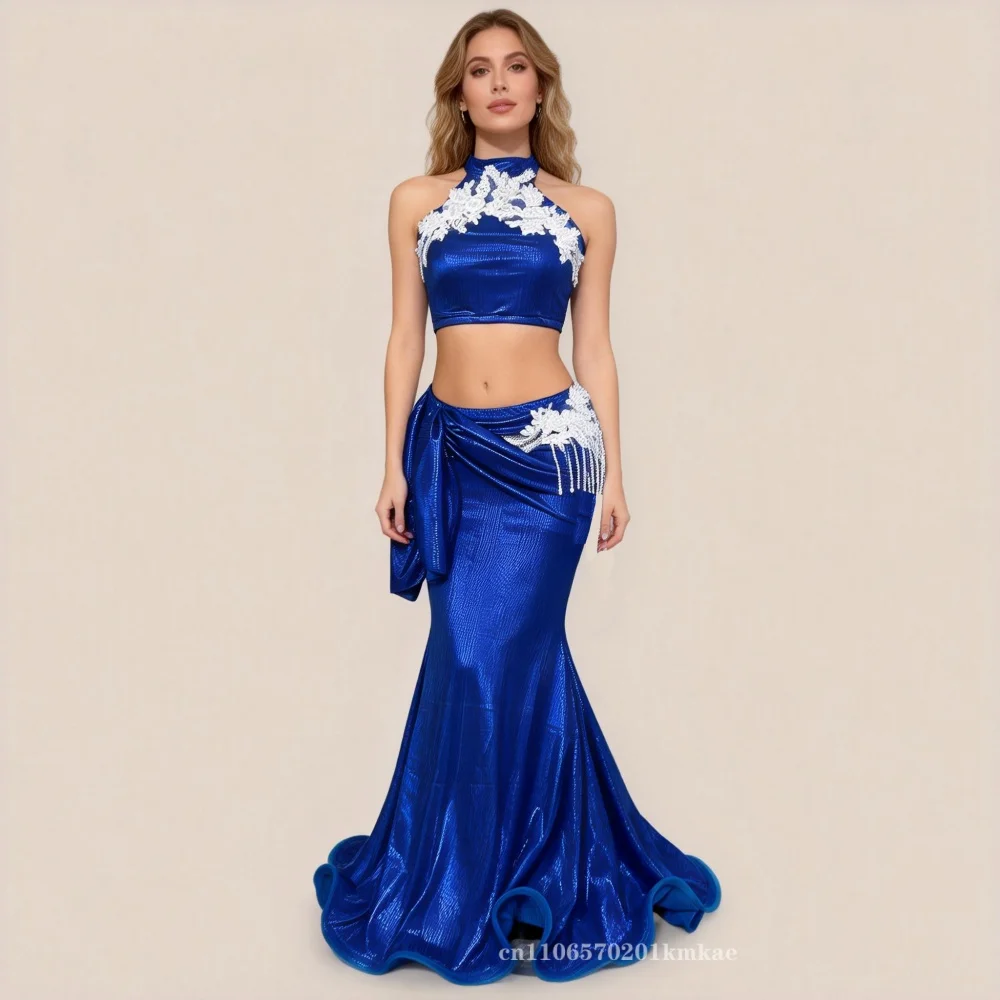 Belly Dance Performance Set Customsized Sleeveless Flowers Top+Sexy Fishtail Long Skirt 2pcs Adult Child Oriental Dance Clothing