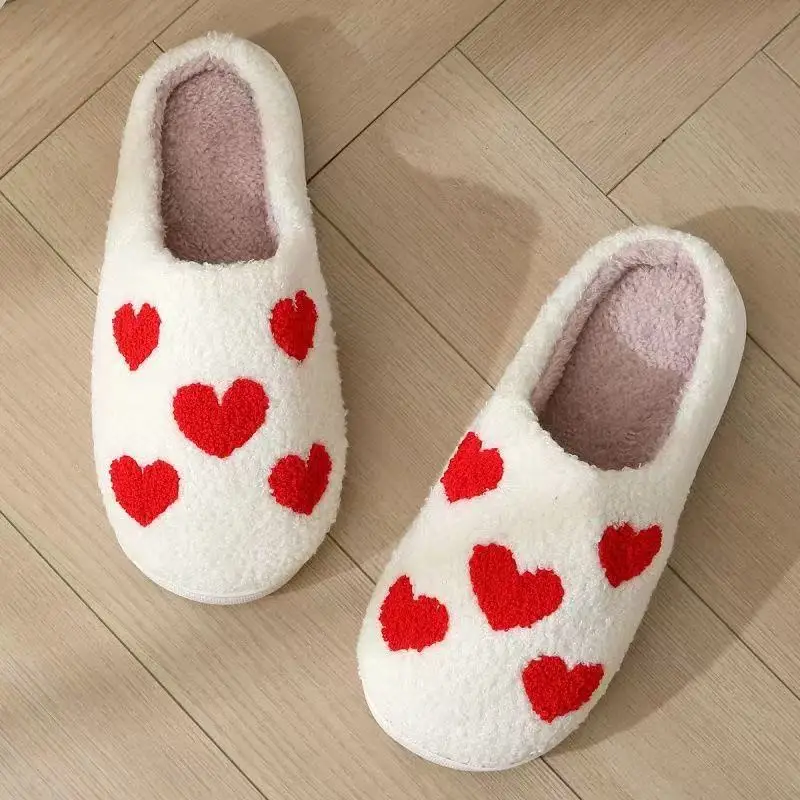 Women Winter Lovely Strawberry Plush Slippers Female Soft Home Warm Slides Adults Indoor Fashion Red Heart-shaped Pattern Shoes