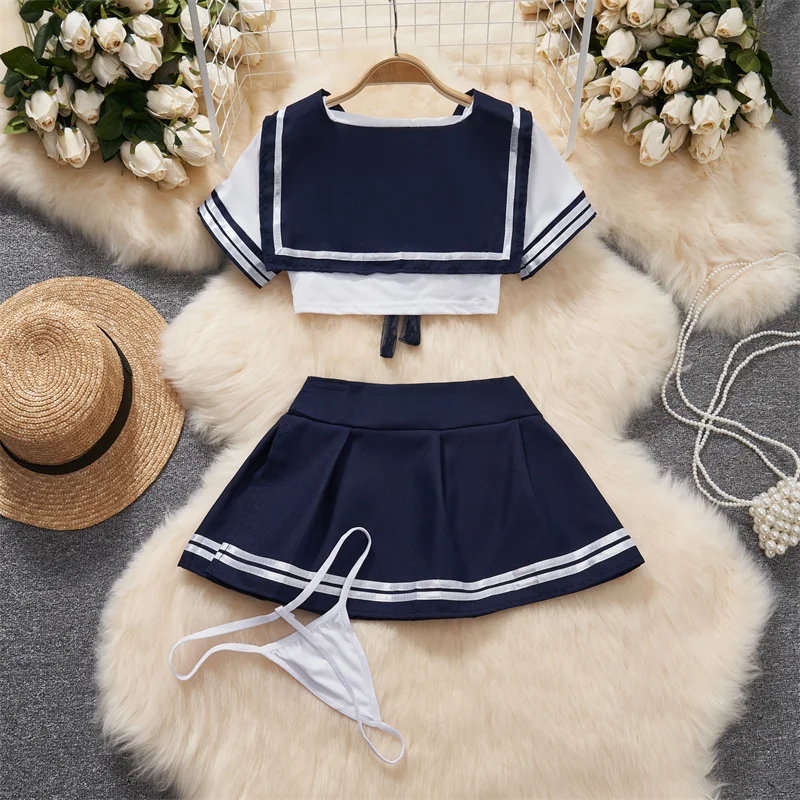 Preppy Sailor Suit Contrast Lace-up Bow Stripe Crop Top Pleat Mini Skirt Sexy Erotic Lingerie Set Women Cosplay Student Youthful