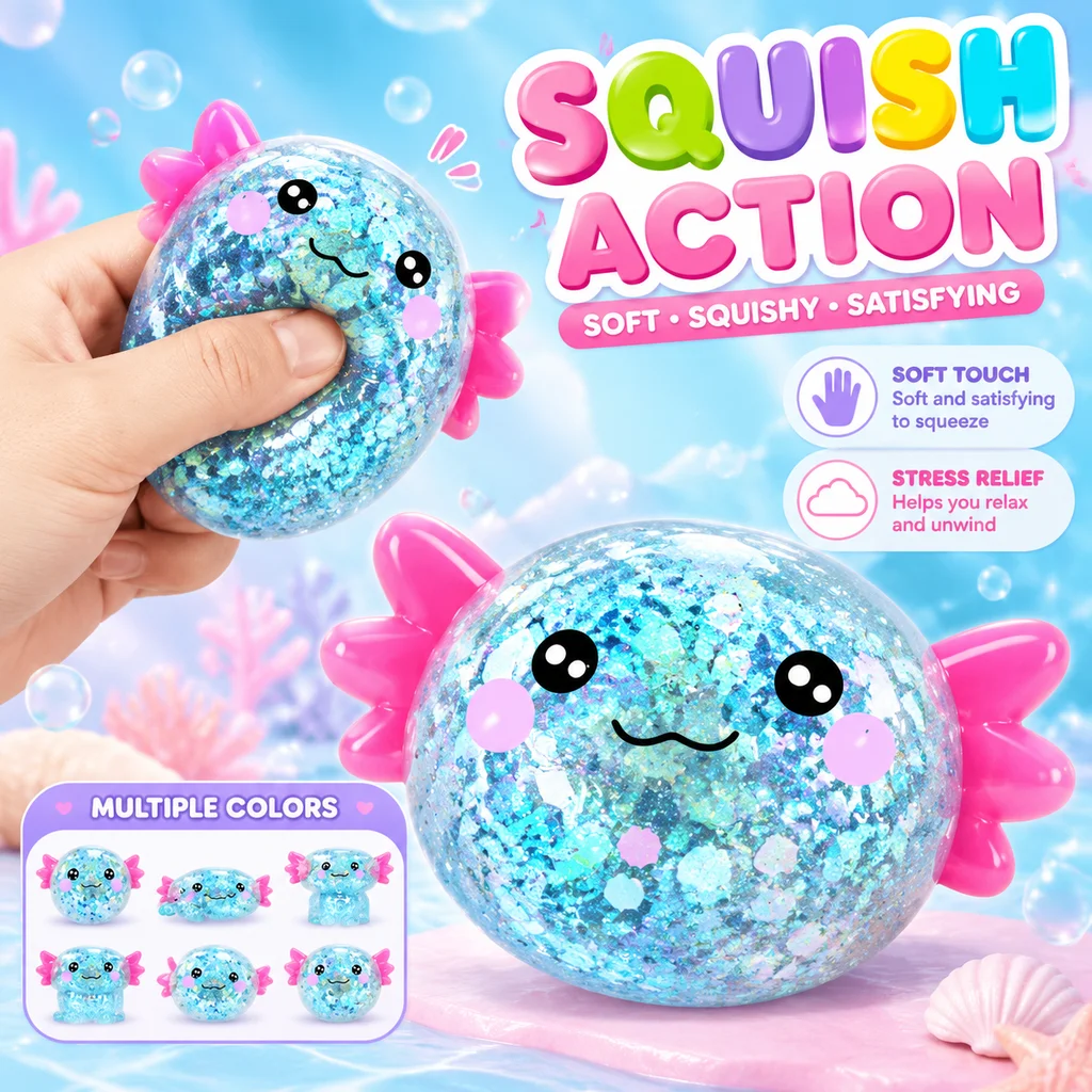 Squishy Soft TPR Axolotl Fidget Toy Multicolor Glitter Kawaii Salamander Animal Squeeze Sensory Stress Relief Decompression Gift