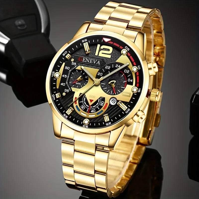 4 stuks luxe heren zakelijk quartz horloge goudlegering Romeins met kalender polshorloge kruis ketting armband ring set herencadeau