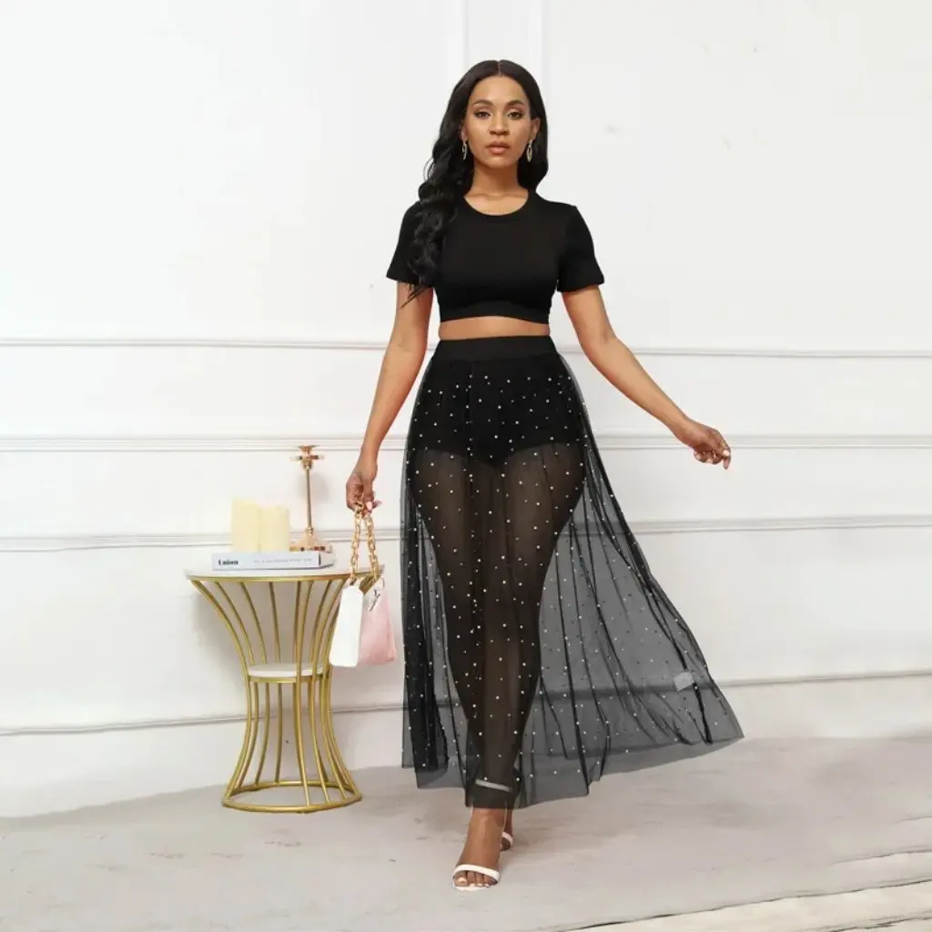 

European And American Fashion Beach Skirt Suit See-Through Mesh Short Sleeve T-Shirt Three-Piece Set Waist-Exposed Design
