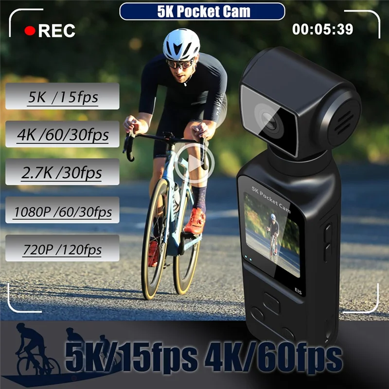 【T07A】كاميرا رقمية بحجم الجيب 5K مع ميكروفون خارجي 270 °   تدوير وظيفة تسجيل الفيديو واي فاي للدراجة الرياضية الخارجية T