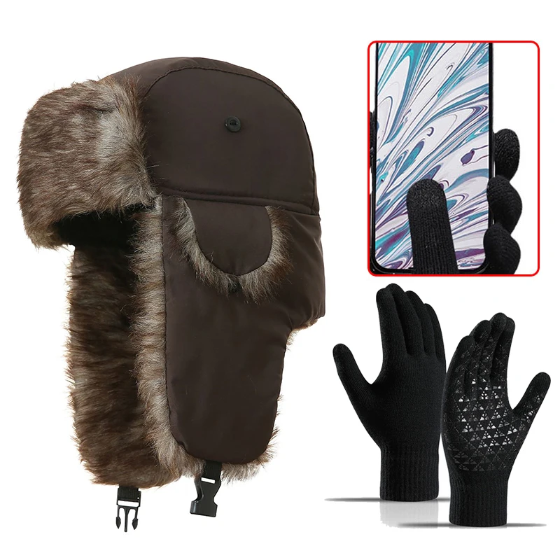 مجموعة قبعة Trapper Hunter وقفازات تعمل باللمس، معدات خارجية للشتاء الدافئ للرجال والنساء