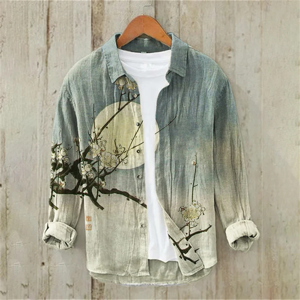 Men's Long Sleeve Shirt Linen Shirt Japanese Vintage Plum Blossom Illustration Casual Loose High Quality Men's Clothing