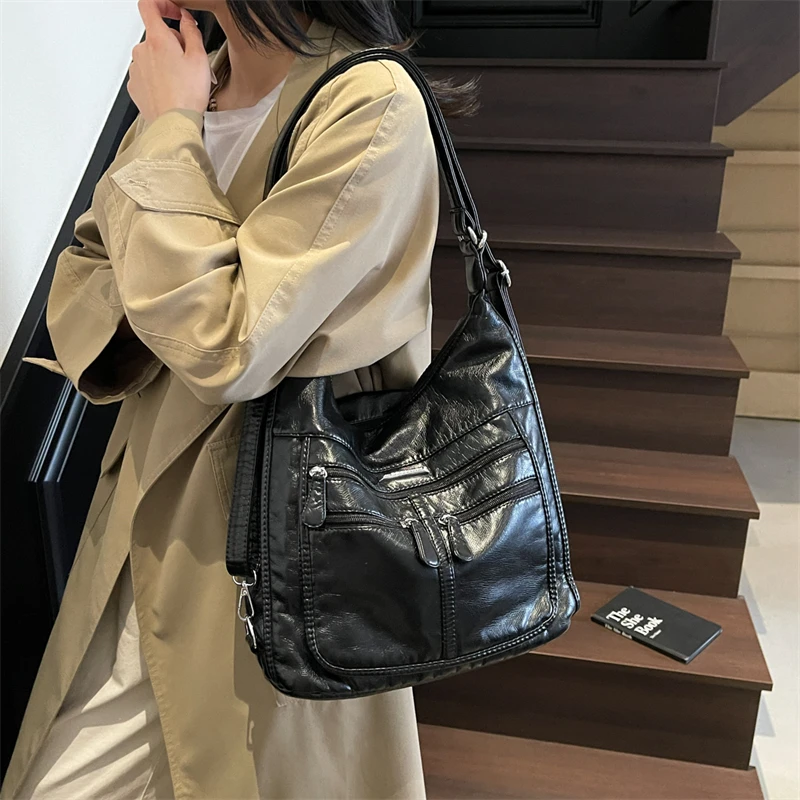 

Vintage Backpack Multiple Zippered Compartments Large Capacity Women Pu Leather Pure Color Shoulder Bag Commuting and Travel