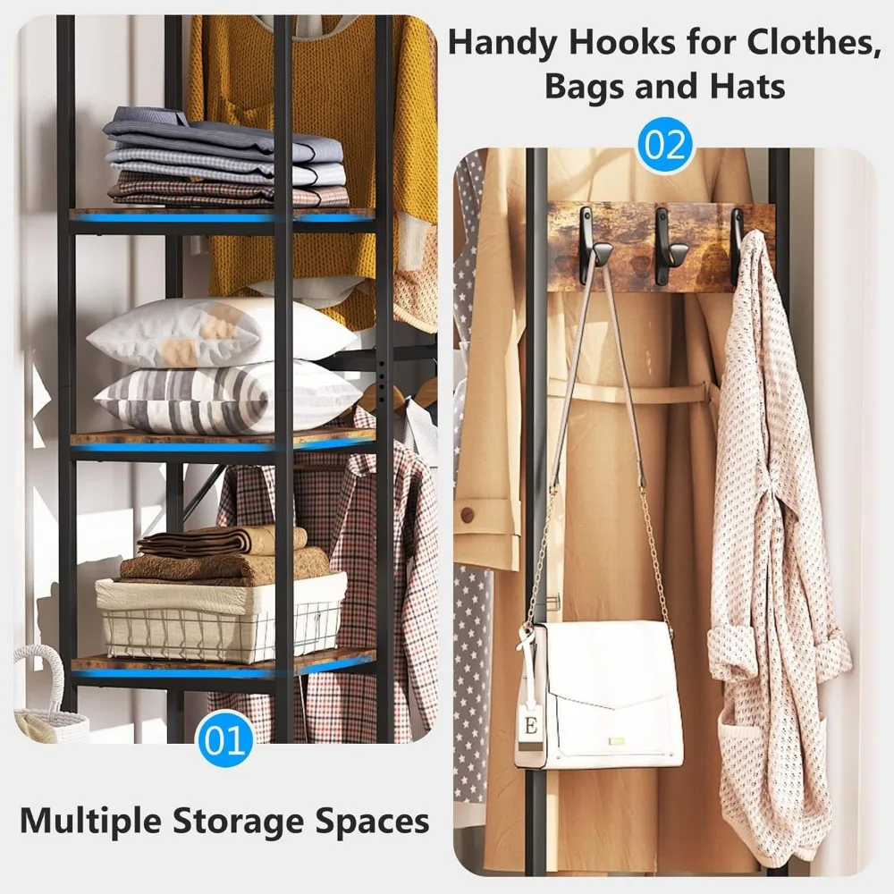 L Shape Clothes Rack, Corner Garment Rack with Storage Shelves and Hanging Rods, Space-Saving Large Open Wardrobe