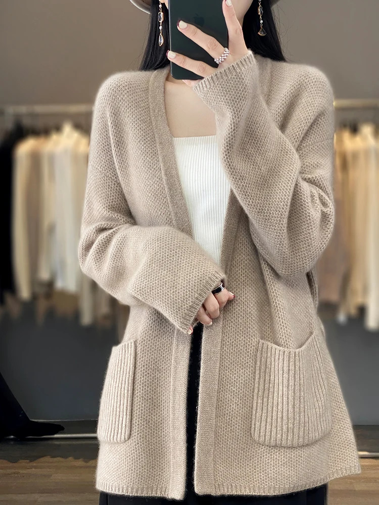 Women Cardigan V-neck Belt Solid 100% Merino Wool Sweater Soft Warm Autumn Winter Cashmere Knitwear Female Grace Clothing Tops