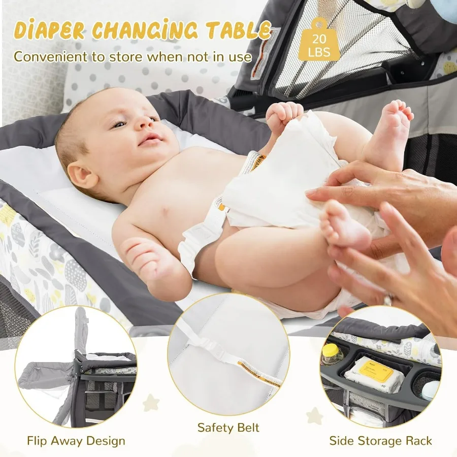 Pack and Play, 4 in 1 Portable Baby Crib w/Bassinet, Changing Table, Canopy, Mattress, Music Box, Storage Bag, Foldable Pack and