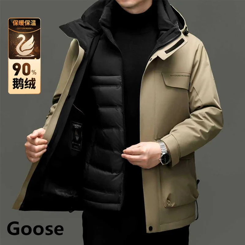 

90% Goose Down Jacket 2 in 1 Real Good Quality Men 2025 Winter Warm Padded Attachment Down Coat Wind-proof Hooded Zipper Coat
