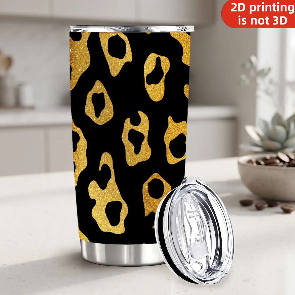 20oz Bold Gold Glitter Leopard Print Stainless Steel Tumbler with Lid and Straw, Large Sparkle Cheetah Spots Black Vacuum Insulated Travel Coffee Mug Gifts for Women