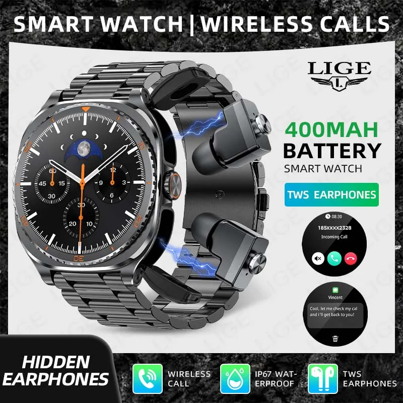 

LIGE New 2 in 1 Earphone Smart Watch For Men Women NFC Access Control IP67 Waterproof Bluetooth Call Health Monitor Smartwatch
