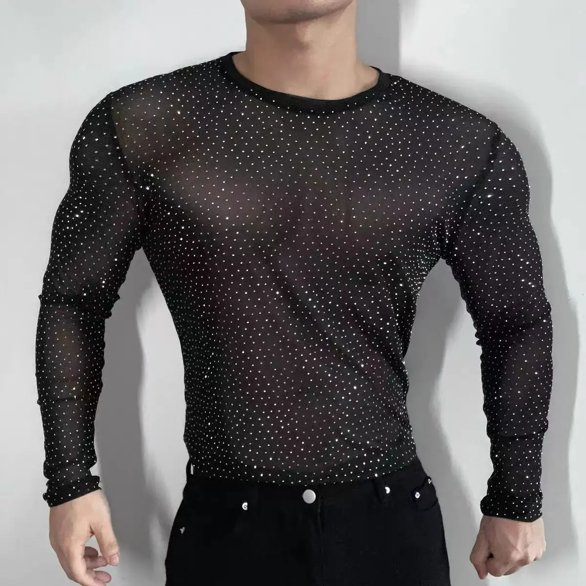 

Sexy Shiny hot-fix Rhinestone Mesh T-shirt Stage Show Party Performance Wear Quickly drying Sprotst Base Long sleeve shirt