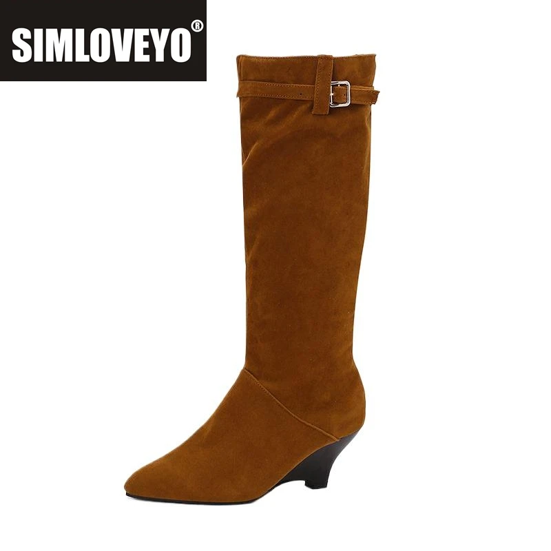 

SIMLOVEYO Flock Suede Female Knee High Boots Pointed Toe Heels 6cm 46 47 48 Casualmen Bota