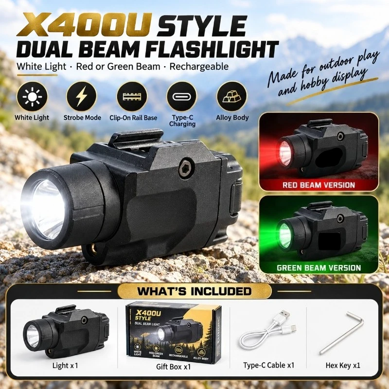 X400U Style Alloy Dual Beam Flashlight, Green & Red Light, Strobe Mode, Clip-On Rail Base, Rechargeable, Outdoor Play Gear
