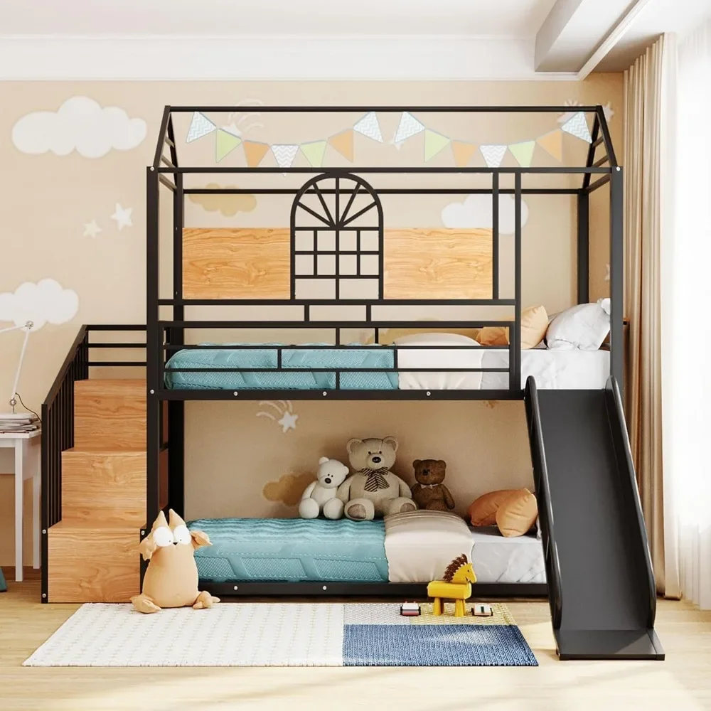 Litera de casa doble sobre doble, estructura de litera de metal con tobogán, escaleras y barandillas para niños, adolescentes, niñas, niños pequeños