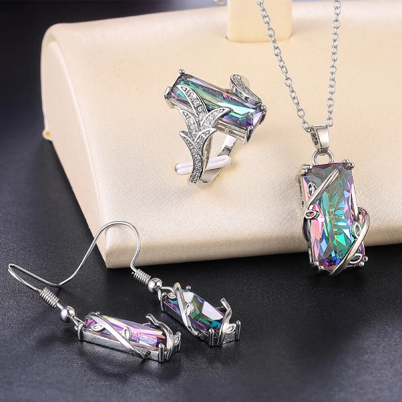 Huitan Geometric Multicolor CZ Women Ring Necklace Earring Set