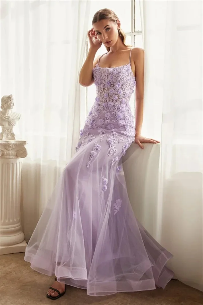 Prom Dresses Mermaid Lilac Blue Tulle Lace Applique Floral Spaghetti Strap Corset Back Evening Gowns Long Floor Length