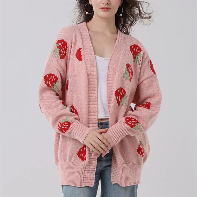 Dourbesty Women Knitted Cardigans Strawberry Long Sleeve Loose Casual Sweaters Open Stitch V-neck Female Jumpers 2024 Streetwear