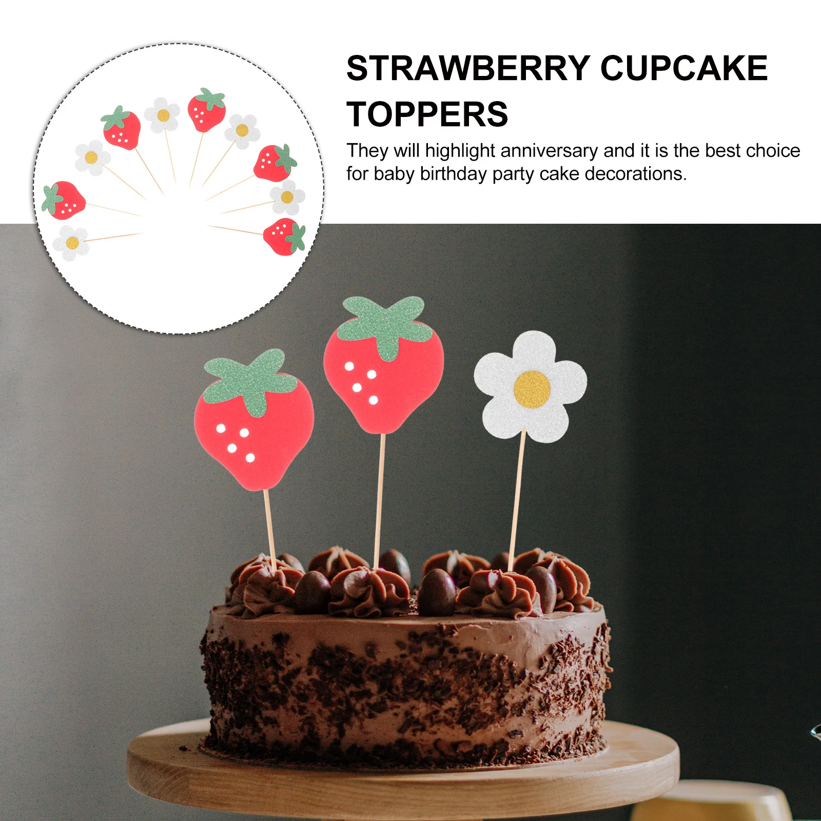 20 pçs bolo de frutas decoração de morango decorações de chá de bebê cupcake topper margarida aniversário flor festa toppers escolhas