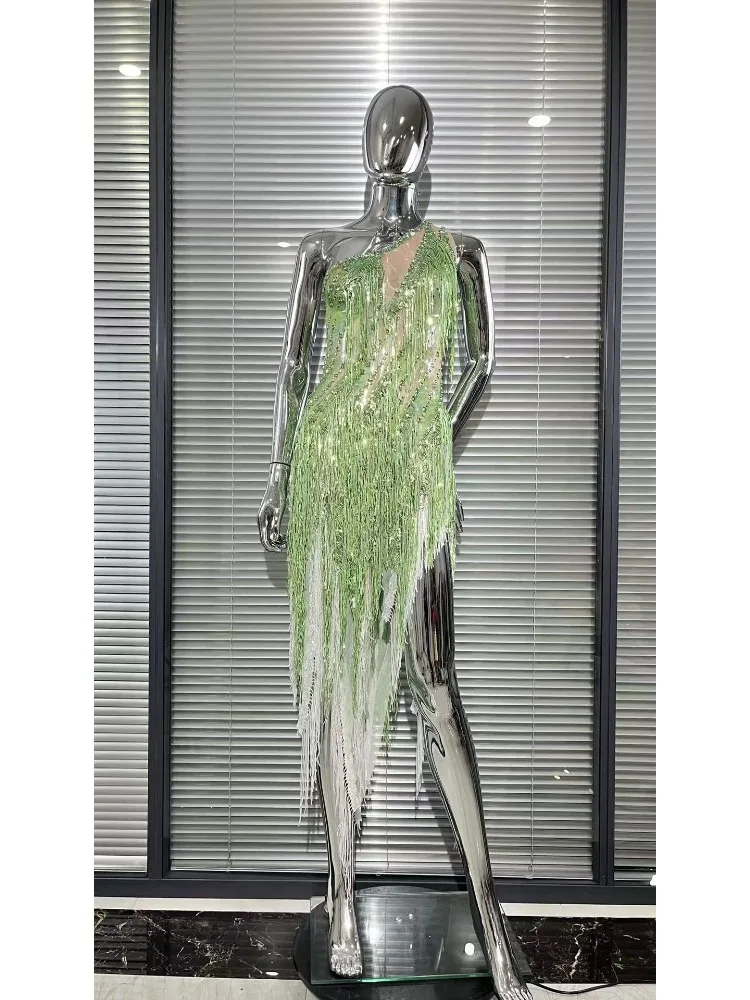 One Shoulder Sexy Shining Sequins Tassels Bodycon Mini Dress Diamond-Encrusted Mesh Sheer High Waist Party Latin Dance Wear