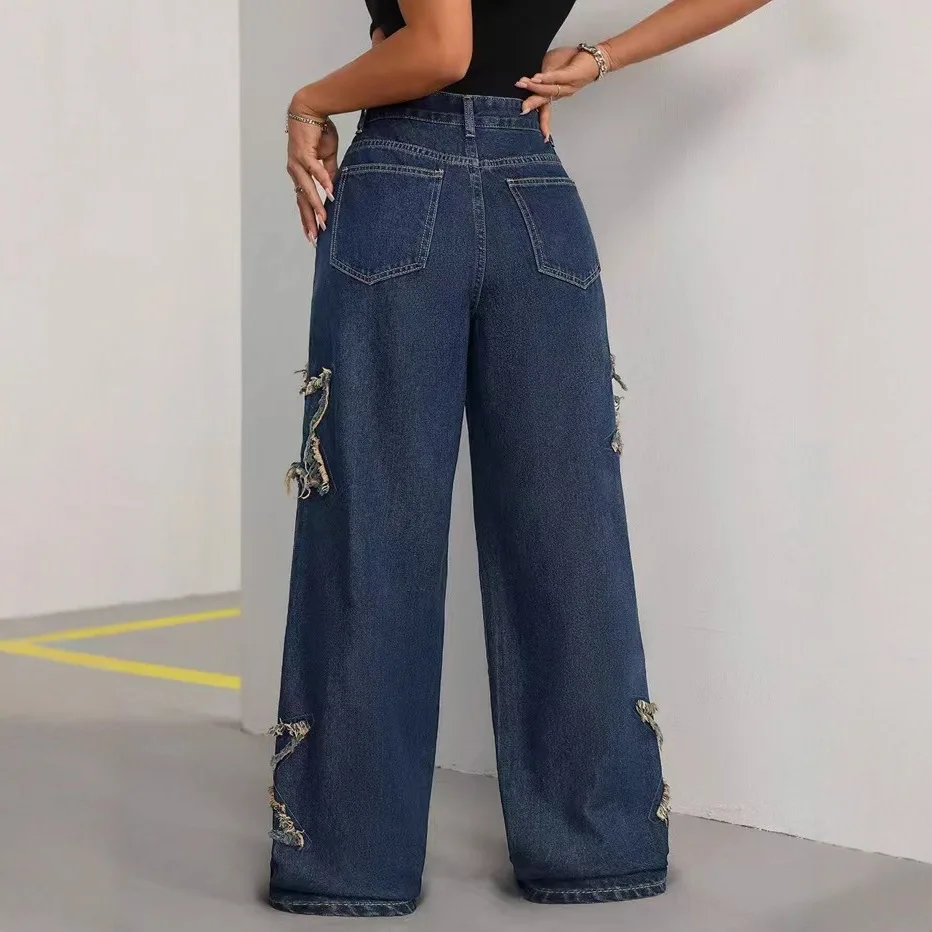 Women's Patched Star Denim - Distressed Frayed Hem Relaxed Straight Leg Jeans2025