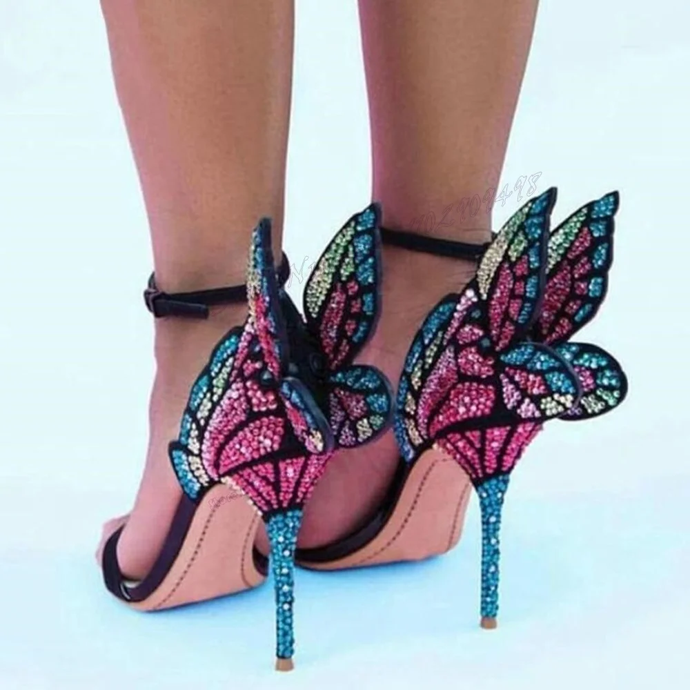 Colorful Crystal Butterfly Back Strap Sandals Open Toe Shoes for Women Cover Heel Thin High Heels Shoes 2023 Zapatos Para Mujere