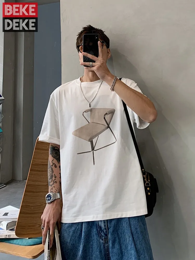 

Summer Men Designer Printed T-Shirt Casual Streetwear Tops Breathable Short Sleeve Pullover Tees O Neck Loose Fit T-Shirts White