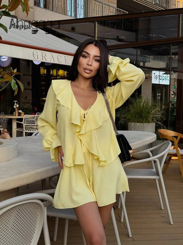 

Ahagaga Fashion Summer Women Sets Solid V-Neck Regular Long Sleeves 2Pcs(Tops+Pants) Fit Ruffle Edge Cool Suits Female Tracksuit