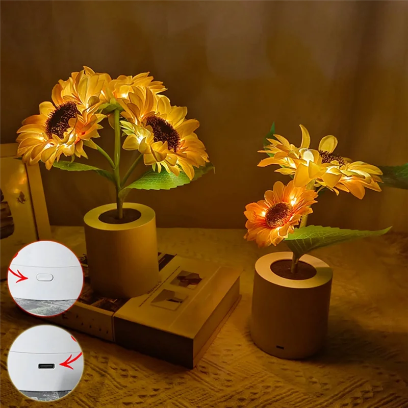 F-T B Recarregável Girassol LED Simulação Luz Noturna Simulação Flores Lâmpada Atmosfera Decorativa