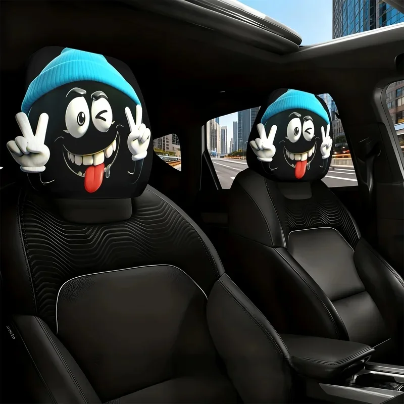2pcs Blue Hat Cute Expression Themed Printed Car Seat Cushion Headrest Neck Pillow Cover - Featuring an Adorable Design