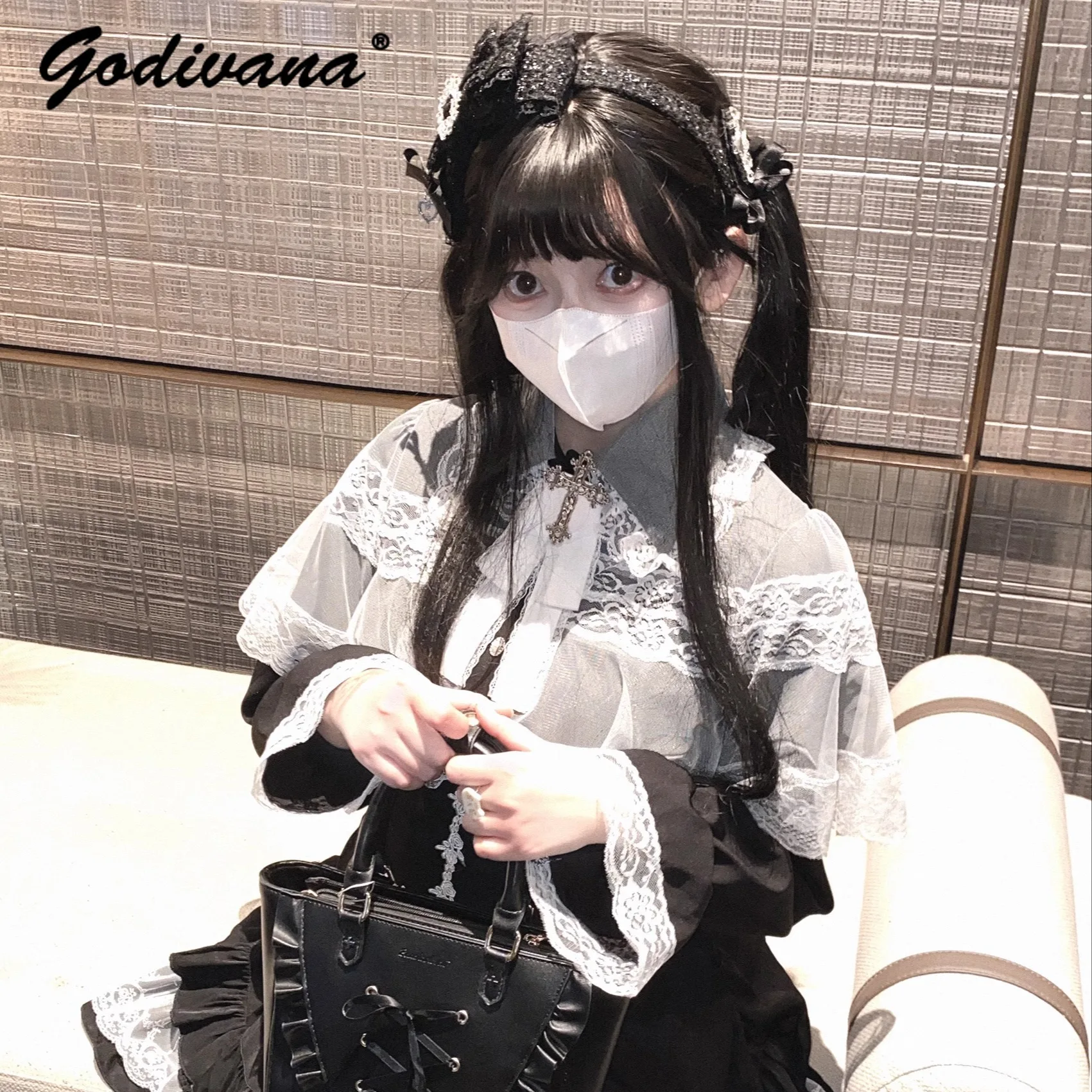 Japanese Mine Series Mass-produced Lace Cloak Long-sleeved Shirt Girl 2025 Spring New Lolita Blouses Female Tops