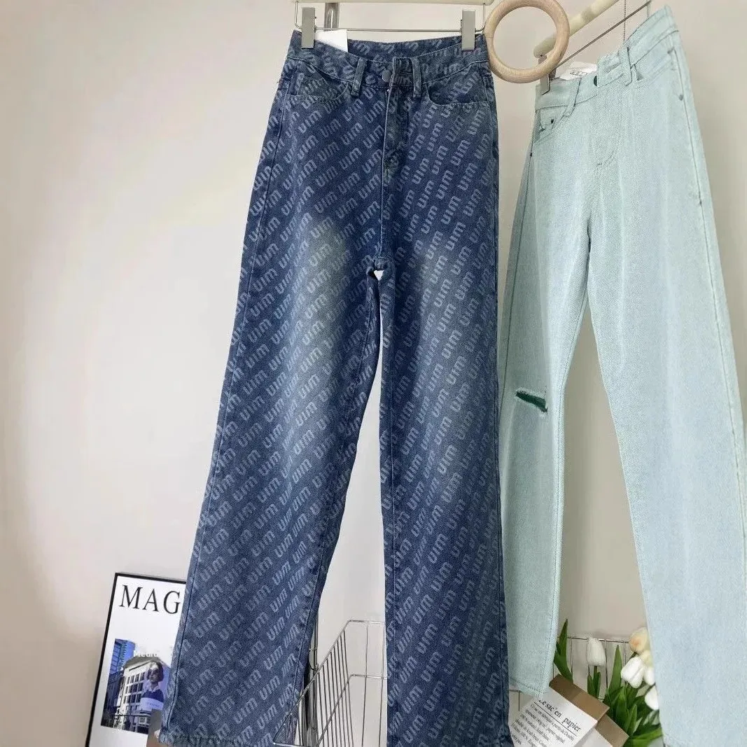 NICE Korean Style Straight Leg Denim Jeans Letter Print High Waist Wide Leg Floor-Length Pants Autumn Winter Slimming Effect