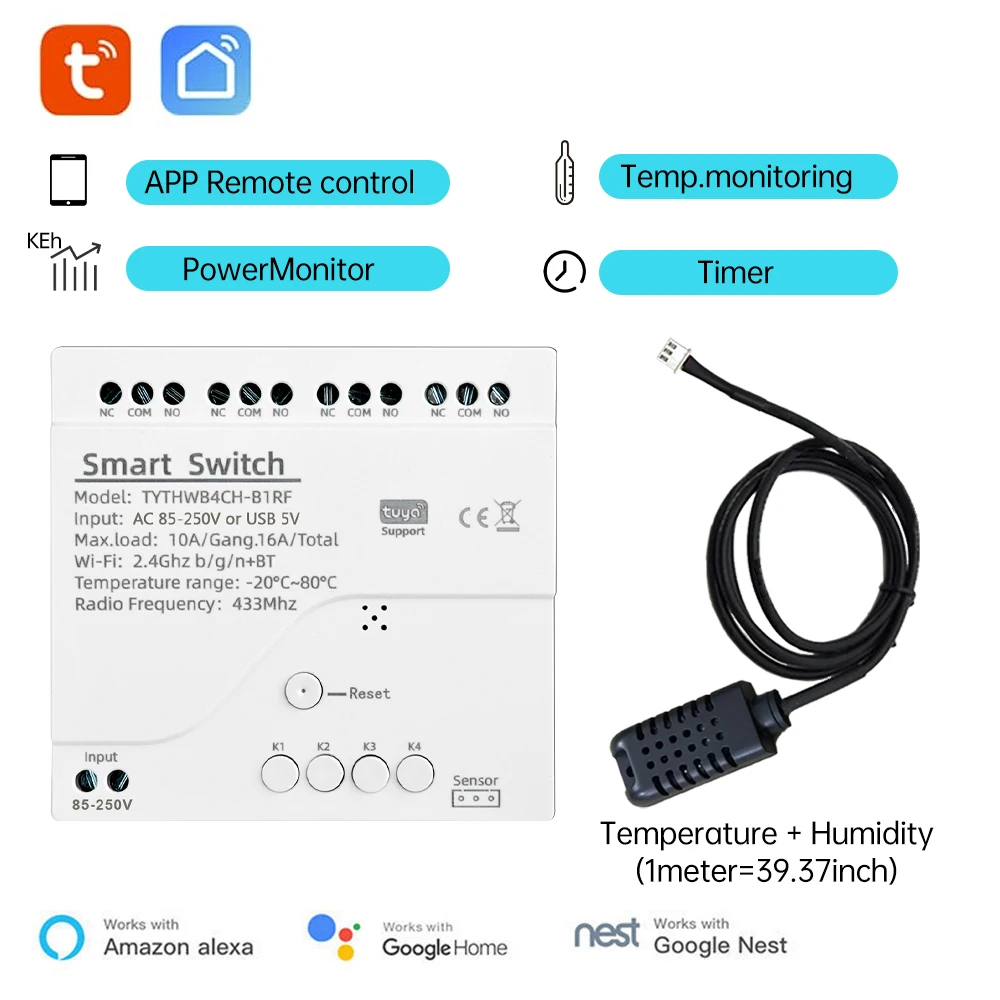 Tuya Smart WiFi 4-Kanal-Relais DC 7-32V/AC 85-250V 10A mit Temperatur- und Feuchtigkeitssensor, passiver Trockenkontaktschalter für Zuhause – Detail 4