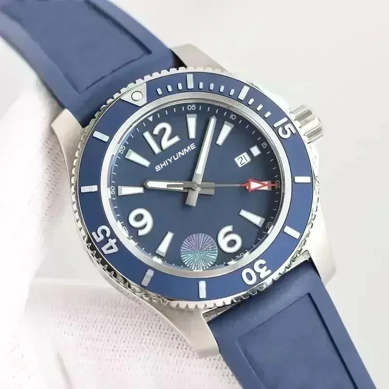 Relógio mecânico automático preto e azul luminescente super marinho masculino de alta qualidade novo aço inoxidável moldura rotativa borracha