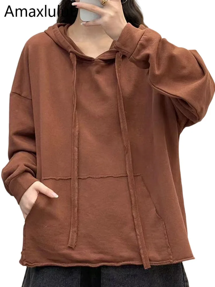 

Amax LuluE японские зимние модные однотонные свободные топы женские классические хлопковые футболки женская повседневная винтажная элегантная одежда с капюшоном