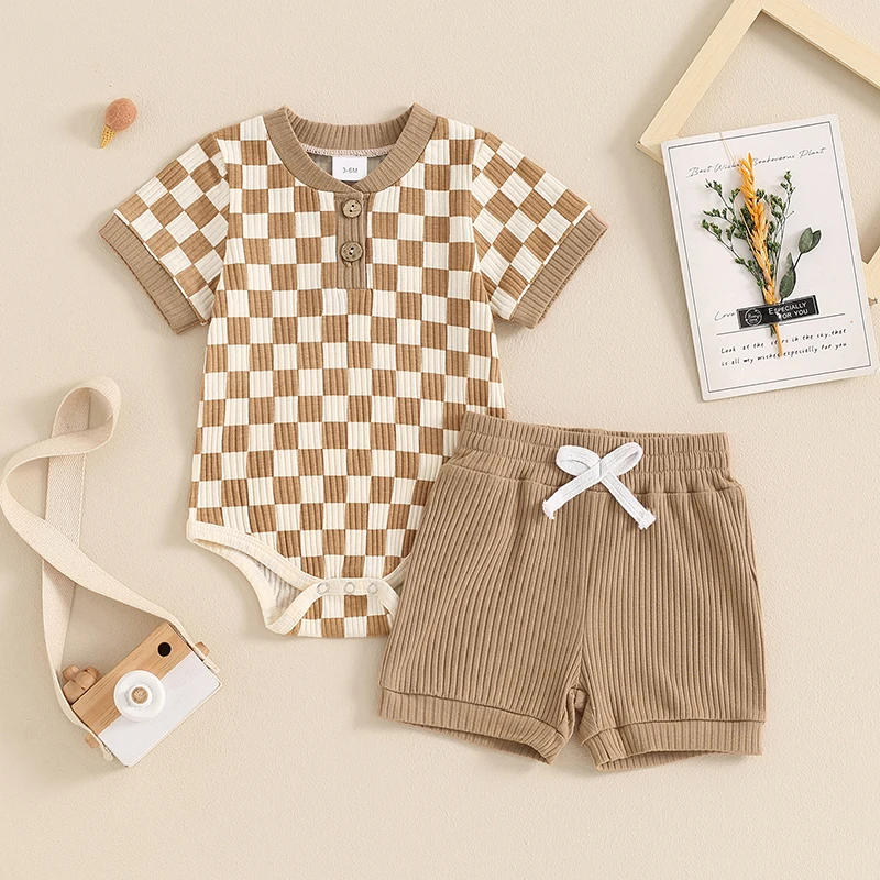 Newborn Baby Boy Girl Jumpsuit Set Plaid Print Ribbed Knit Short Sleeve Romper Solid Elastic Short Set Infant Summer 2Pcs Outfit