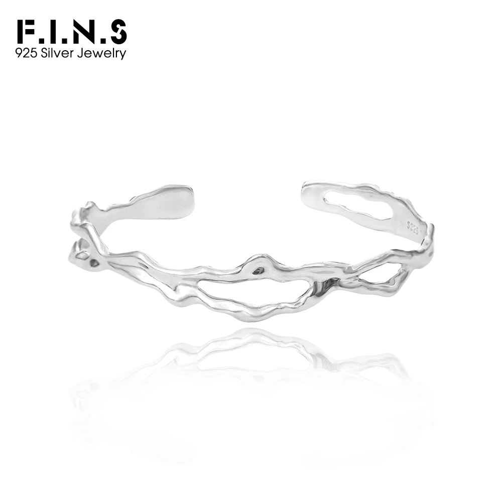 

F.I.N.S Original S925 Sterling Silver Bracelet Minimalist Irregular Hollowed Open Bangle Cuff Statement Hand Fine Jewelry Gifts