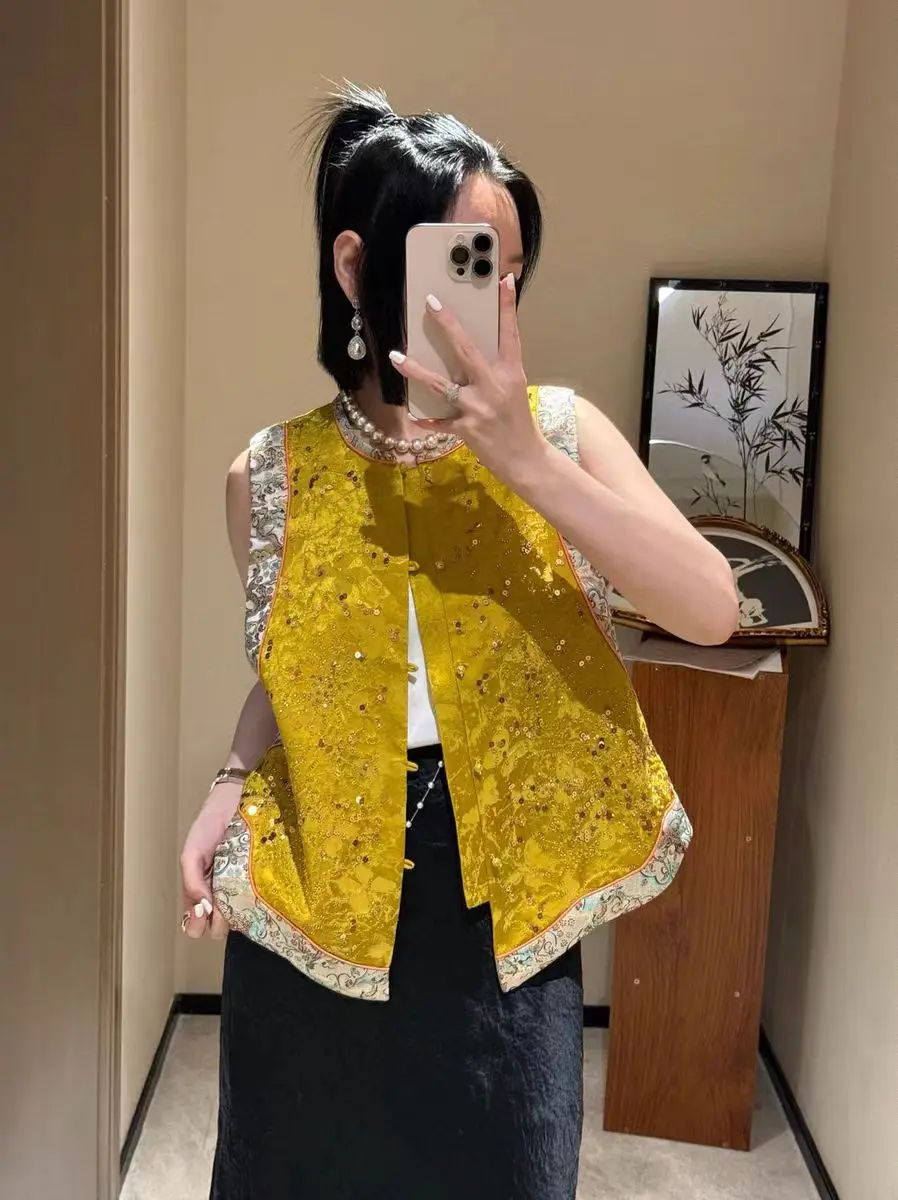 Spring/Summer New Round Neck Exquisite Nail Bead+Embroidered Top Fashion Single Breasted Women's Asymmetric Vest S-XL