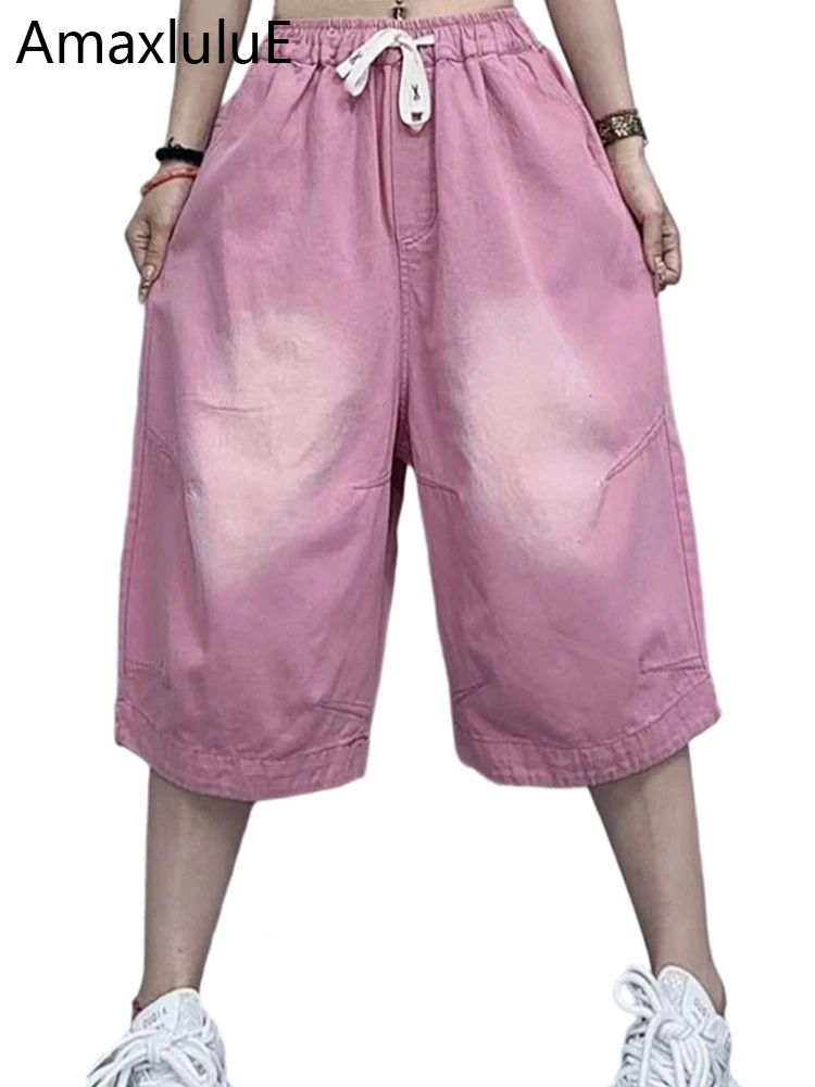 

Amax LuluE Summer Females Classic Denim Pants 2025 Womens Fashion Vintage Loose Leisure Trousers Soild Punk Elastic Waist Jeans
