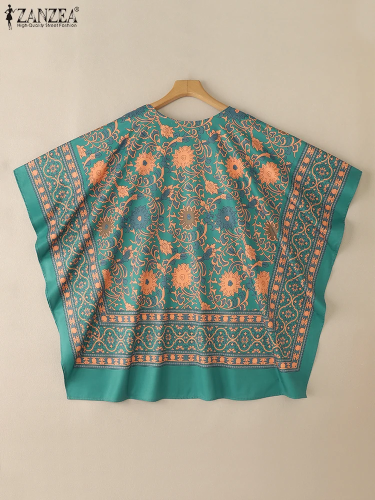ZANZEA-Camiseta bohemia para vacaciones para mujer, ropa de día con cuello en V, Top de manga 3/4, cárdigan Vintage con estampado Floral y frente abierto para verano 2025