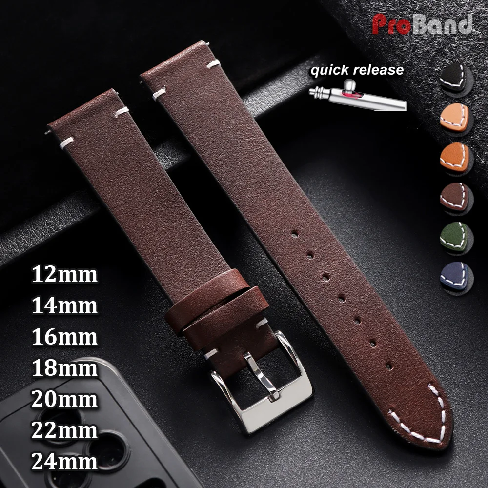 Genuine Leather Watchband Bracelet Black Blue Brown Vintage Oil Wax Watch Strap for Women Men 12/14/16/18/20/22/24mm Wrist Band