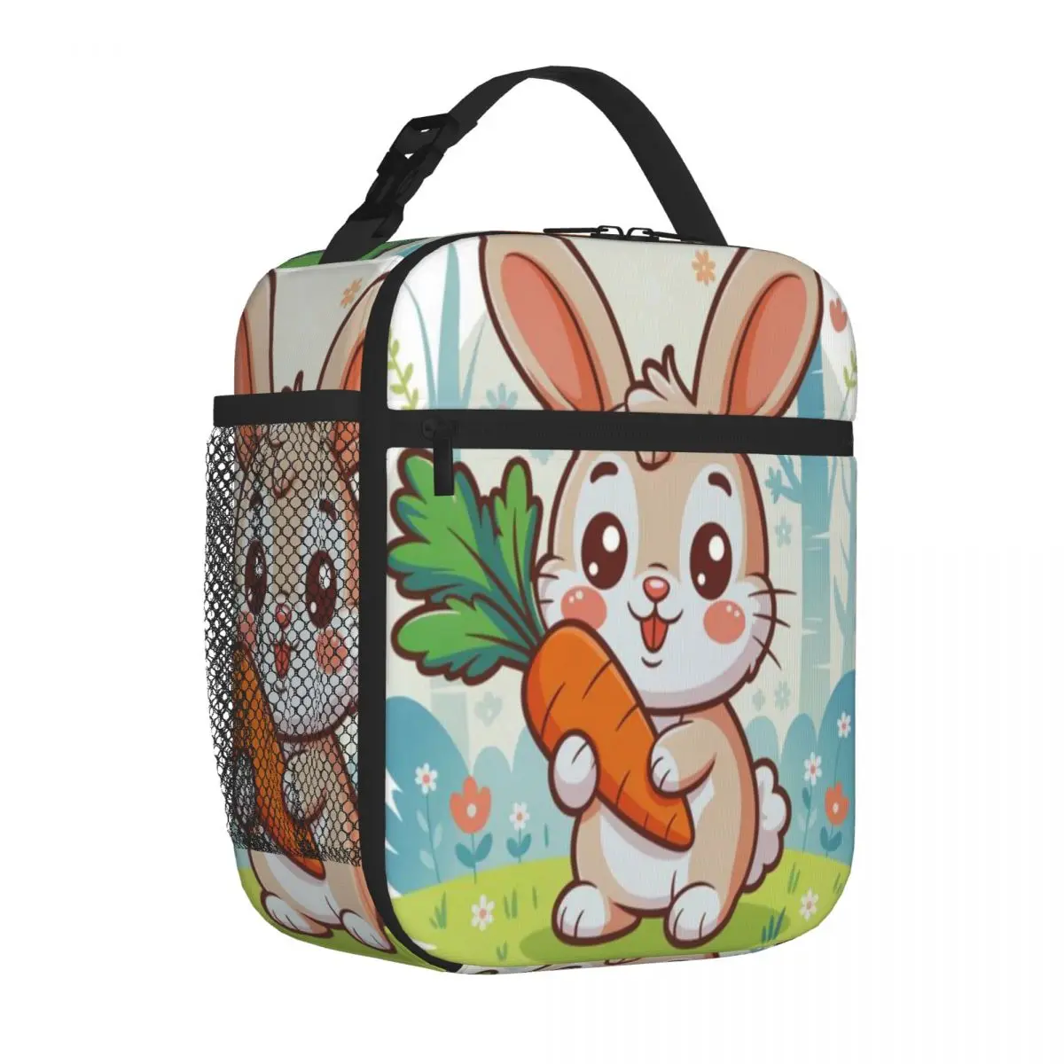 Hot Sale Kawaii Forest Bunny Cute Rabbit Holding A Carrot Stitched Detail Cooler Lunch Bag Homeschool Dining Lunch Box Bag