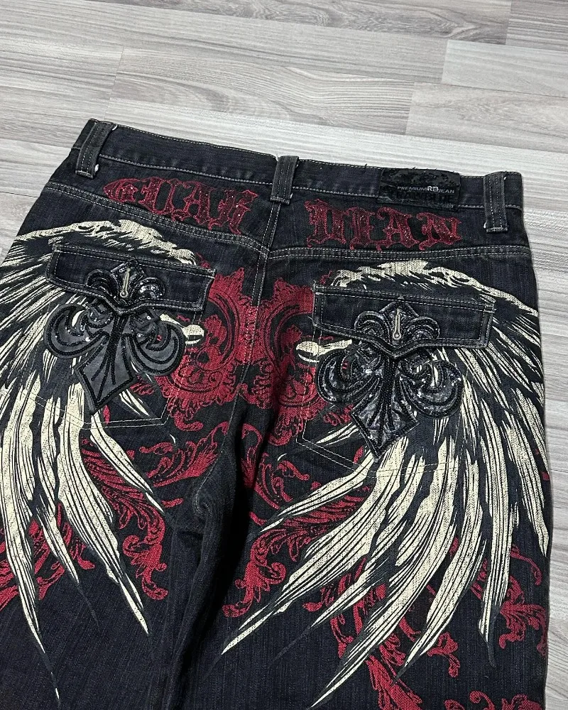 Y2K New Denim Shorts Harajuku Vintage Gothic Wing Letter Embroidery Baggy Jeans Punk Hip hop Gothic Wide-leg Pants Streetwear