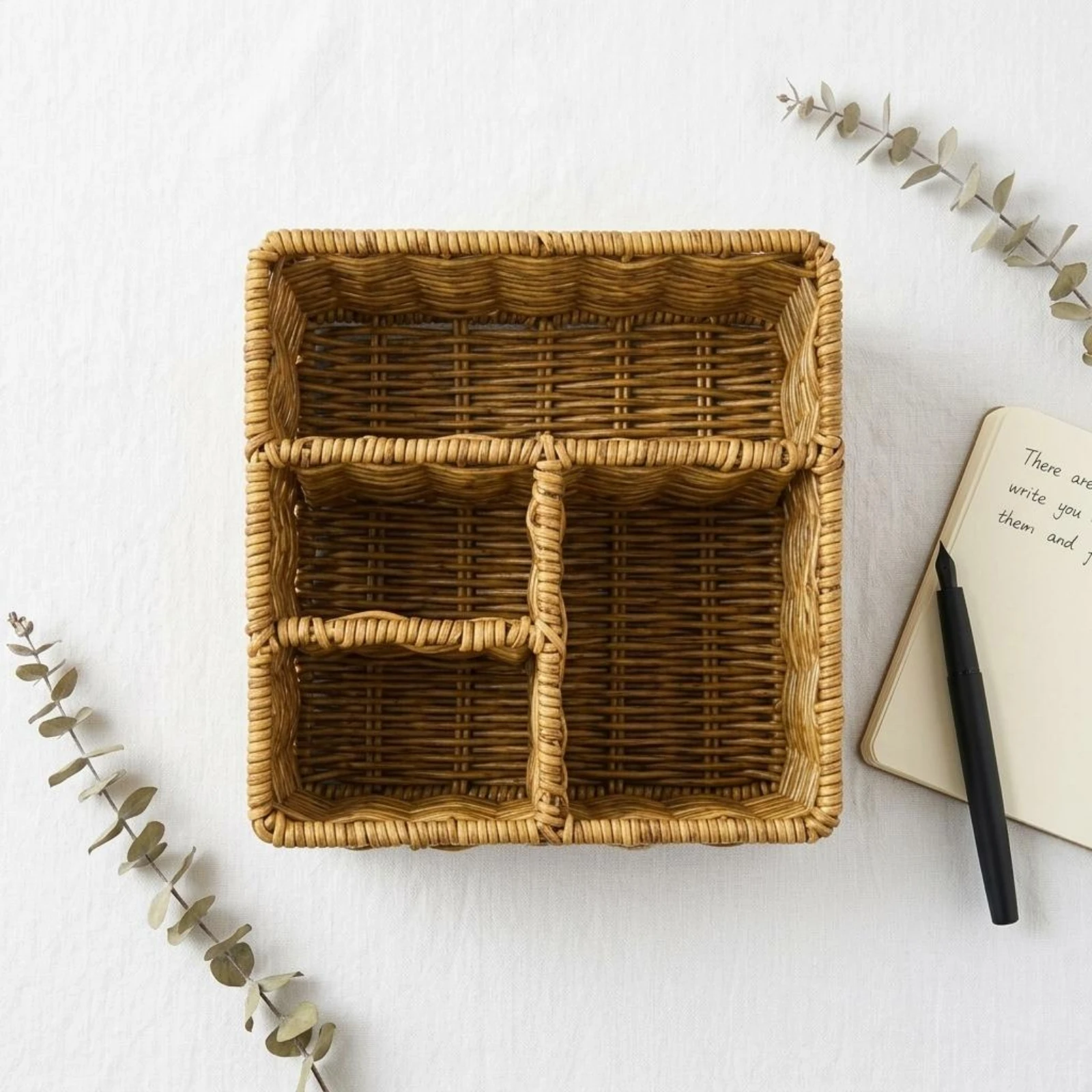 Rectangular Organizer Basket Desktop Compartment Organizer Basket Tan-Brown Rustic Style