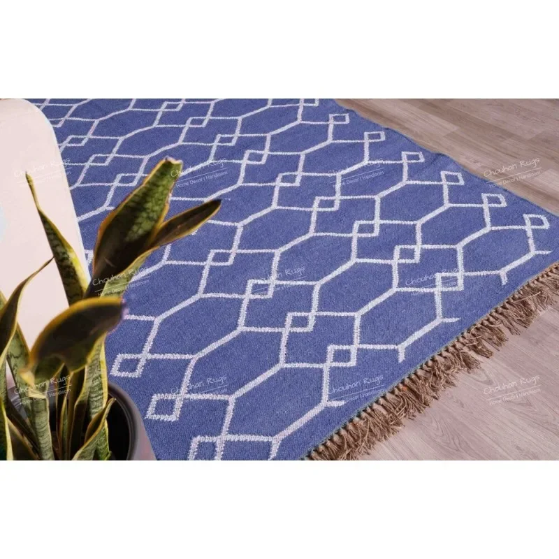 Vintage Turkish Hand-Woven Kilim Flat Weave Area Rug Blue Rug with White Design